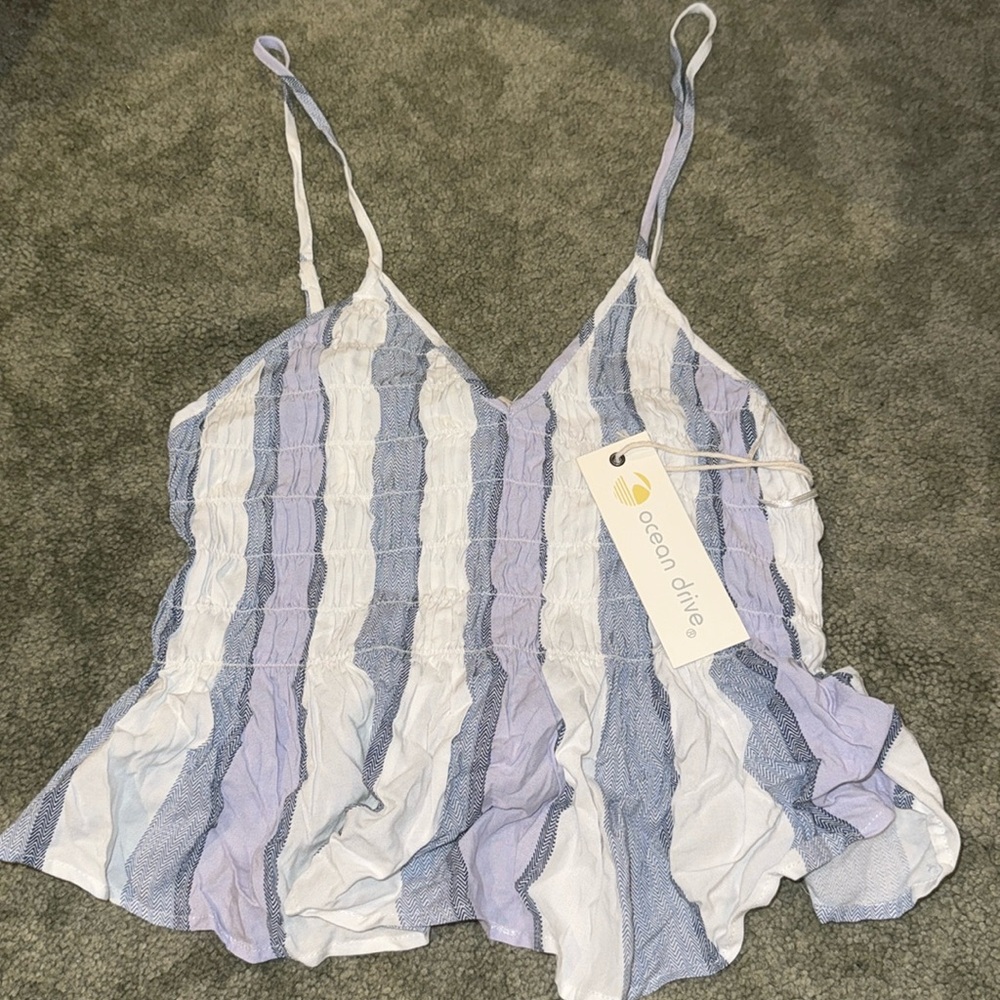 Ocean Drive printed smocked tank with ruffle